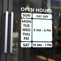 Advertise your business hours with our custom decals for windows.  By indicating the logo of your company on the decals.. Just let us know your opening hours, social media tags, and store name and phone number. We will design your vinyl window decal to fit your size perfectly. All of our products are made in the USA. Our stickers are cut and prepared for easy application.We use waterproof, UV-resistant, self-adhesive vinyl that can be applied to any smooth surfaces. Put a Business hours decal on