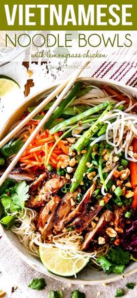 These Vietnamese Noodles with Lemongrass Chicken are AMAZING!  A satisfying, healthy, fresh and vibrant meal-in-one medley you will crave for days!  The juicy chicken alone is worth making this!  They also make awesome meal prep for instant lunches or dinner!  #asianrecipes #recipe #chicken #marinade #grilling #dinner #chickenmarinade #healthyrecipes #healthy #lemongrasschicken #noodles #ricenoodles #asiannoodles #vietnamesenoodles #vietnameserecipes via @carlsbadcr