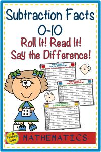 Are you looking for a subtraction math facts activity for your students? Try these easy-prep math facts Roll It! & Read It! Say the Difference! Subtraction Facts 0-10 game cards. Kids just roll the dice and read the number sentences and say the difference. Black and White versions and answer keys are included which are a great resource to send home for student practice. Kids have some math fun while practicing their math facts! #mathfacts  #mathfactfluency  #theteachingscenebymaureen