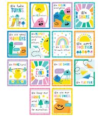 This eye-catching mini poster set will help your students learn and understand the rules of your learning space while creating a fun and colorful classroom. With 14 mini posters to add to your learning space, children will learn how to be kind to others, share, and develop different social skills.