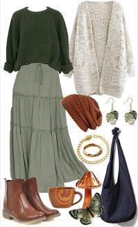 Embrace the whimsical beauty of winter with this Boho-inspired green monochrome maxi skirt and sweater combo, perfectly complemented by a cozy grey cardigan. Elevate your cold-weather style with a harmonious blend of comfort and bohemian flair.