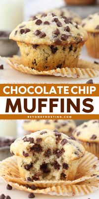 Looking for fun after school snacks? Here's an easy back to school recipe! These homemade chocolate chip muffins are the BEST. Not only are these buttermilk muffins super moist with a fluffy top and tender crumb, but they are also loaded with mini chocolate chips!