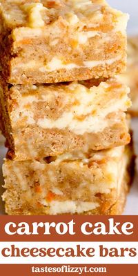 These carrot cake cheesecake bars have a sweet cream cheese swirl, making this carrot cake dessert recipe an impressive treat for Easter dinner or spring parties.