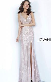 Jovani 02320 | Metallic Pink Beaded Side Cutout Dress