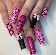 leopard print nails, pink nails, bows, emo nails, bow nails, coquette nails