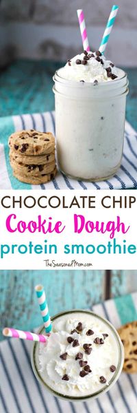 A healthy Chocolate Chip Cookie Dough Protein Smoothie is the perfect way to fuel your next workout or power through your day! With all of the rich and buttery taste of your favorite dessert, this low calorie protein shake is a nutritious breakfast or snack recipe that will satisfy your cravings and keep your tastebuds happy! #cookiedough #smoothie #dessertsmoothie #protein #shakes #theseasonedmom