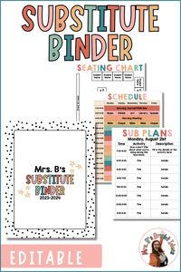 All the forms and templates that you need to complete a successful substitute binder! These editable forms and templates will give your sub all the information they need to feel prepared for your absence.

This resources includes two PowerPoint files - one PPTX with the substitute binder in color & one PPTX with the substitute binder in black and white. Edit each form and template with your classroom information, print, and put in a binder!

15 editable templates!