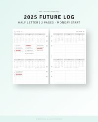 2025 Quarterly Calendar Template, Instant Download, Yearly Anniversary Overview Sheet, Year on 2 Pages, Monday Start, Important Dates List  [💡MonthlyJoy's CheckPoint!] 2025 𝑭𝒖𝒕𝒖𝒓𝒆 𝑳𝒐𝒈 𝑯𝒂𝒍𝒇 𝑳𝒆𝒕𝒕𝒆𝒓 𝑰𝒏𝒔𝒆𝒓𝒕𝒔 𝑷𝒓𝒊𝒏𝒕𝒂𝒃𝒍𝒆. Transform your 2025 with our Future Log Inserts! Perfect for planners who love to stay organized and achieve their goals. Make every month productive and memorable. Start planning your best year yet today!  · 2025 Calendar (Jan-Dec) | Date, Details (5.8mm Spacing) · Monday Start only  [📏SIZE] HALF LETTER (8.5 X 5.5 inches)