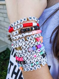 DIY Taylor Swift bead bracelets with ideas for words and lyrics to spell using alphabet and clay beads