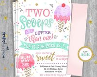 Joint Ice Cream Birthday Invitations - Twins First Birthday - Girl Ice Cream Second Birthday Invitation - Two Scoops Are Better Than One!