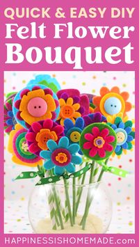 A bouquet of these easy DIY felt flowers makes a fantastic homemade gift idea! Easy enough for kids to make, but fun for adults, too! You'll love these no-sew felt flowers! Makes a great Mother's Day gift idea!