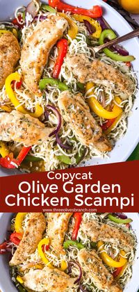 Copycat Olive Garden Chicken Scampi recipe tastes just like the restaurant pasta! Angel hair pasta mixed with colored bell peppers, onion, and chicken tenders in a lemon garlic scampi sauce. A great copycat recipe for Italian night. #copycatolivegarden #copycatrecipes #olivegardenchicken