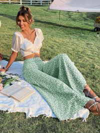 Mint Green Boho Collar  Fabric Ditsy Floral Wide Leg Embellished Non-Stretch Spring/Summer/Fall Women Clothing