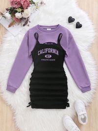 Mauve Purple Casual Collar   Letter  Embellished Slight Stretch  Tween Girls Clothing