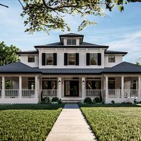 The Greensboro plan is loaded with Southern charm! The exterior of the home has a sprawling wrap-around covered porch and blends siding, metal roofing and shutters into a perfect southern mixture.