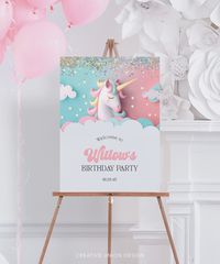 Editable Unicorn Welcome Sign Template, Welcome Girl Birthday Party, Printable, Instant Download, Sparkle Unicorn, Birthday Sign, Magical