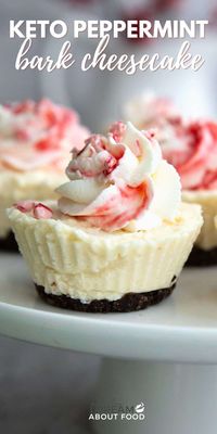 These No Bake Keto Cheesecakes have all the delicious flavor of peppermint bark. They feature a nut-free chocolate crust with creamy white chocolate cheesecake filling. A perfectly easy holiday treat! #ketodesserts #peppermintbark 