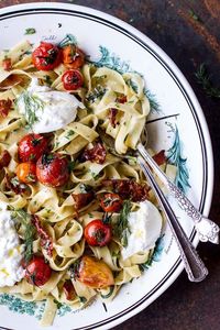 Garlic and Herb Roasted Cherry Tomato Carbonara w/Crispy Prosciutto + Burrata