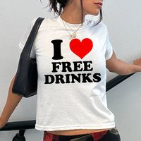 Indulge in guilt-free fun with our I Love Free Drinks Baby Tee. This women's tee is not only trendy but also a funny nod to Y2K and 90s nostalgia. Made from 100% cotton, it's the perfect gift for a friend who loves to party. Cheers to style and comfort! The model is wearing an XS size. Our size guide ensures a perfect fit.