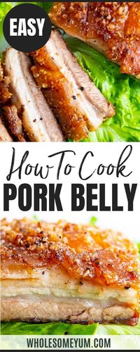 An EASY to tutorial for how to how to cook pork belly in the oven! This crispy pork belly recipe is rich and flavorful, yet simple, with just 5 minutes prep time. #wholesomeyum