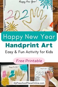 Looking for New Year’s crafts for preschoolers? Try this adorable handprint art activity! It’s a perfect way to preserve your child’s little hand and is an easy preschool handprint craft to kick off the New Year. Read the post for instructions and grab the free printable templates to get started on this easy keepsake today!