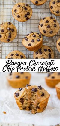 These simple Banana Chocolate Chip Protein Muffins are super moist protein-packed banana muffins with no oil or butter and made with Kodiak Cakes mix. These clean eating, easy, healthy banana muffins will please even the pickiest of eaters! #bananamuffins #proteinmuffins #healthymuffins #breakfast