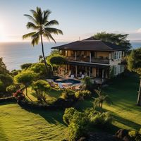 Tropical home in Kona, Hawaii, overlooking the Pacific Ocean during sunset. AI generated.