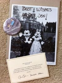 Did you know that if you send Mickey and Minnie Mouse an invitation to your wedding they’ll send you back an autographed photo and a ‘Just Married’ button?    Here is the address:  Mickey & Minnie  The Walt Disney Company  500 South Buena Vista Street  Burbank, California 91521