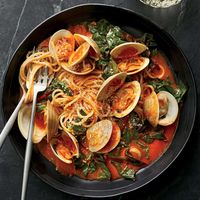 This classic, briny dish of spaghetti with fresh clam sauce gets amped up with sweet roasted bell peppers and Swiss chard. We named it one of our 40 Best Recipes in 2018.