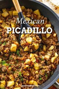 This easy Mexican picadillo recipe is made with ground beef, potatoes and plenty of seasonings, great over rice or served with tortillas for a full meal. Big on flavor!