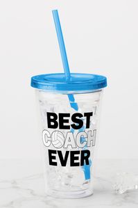 A fun acrylic tumbler for your favorite volleyball coach, with BEST COACH EVER printed in bold black and white letters, and a volleyball graphic in place of the O. Would make a great gift from the team at the end of a long volleyball season!