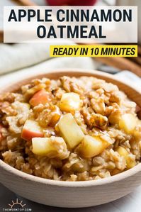 We love making this healthy apple cinnamon oatmeal for breakfast. This is a quick stovetop recipe that is perfect for weekday mornings. You can also save the leftovers! Get the recipe on www.theworktop.com | #breakfast #oatmeal