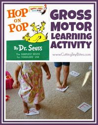 Gross motor learning activity using the Dr. Seuss book Hop on Pop! Can be used to review letters, numbers, sight words, shapes, or colors. Perfect for toddlers or preschooler!