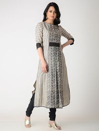 Beige-Black Printed Tussar Silk Kurta with Zari Top Stitch