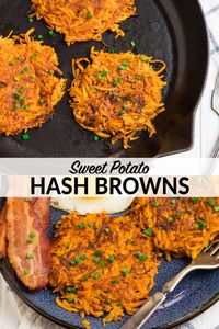 Easy and healthy sweet potato hash browns cooked in a skillet in minutes! Better tasting and better for you than the original. Crispy outside and tender inside, this make ahead breakfast is Whole30, Paleo, vegan, and absolutely delicious! #healthybreakfastrecipes #whole30recipes #whole30breakfast #wellplated