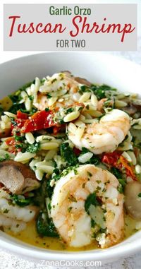 Garlic Orzo Tuscan Shrimp for Two