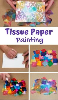 Create a canvas of color with this popular tissue paper painting activity! You may have also heard this method referred to as bleeding tissue paper art or tissue paper transfer art. We’ve created a fun craft pack that combines crayon resist with tissue paper art. #bleedingtissuepaper #tissuepapercrafts #tissuepaperpainting #transferart