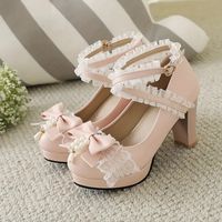 Women's Bow Platform High Heels, Faux Pearl Lace Cross Strap Chunky Heels, Cute Lolita Shoes, affiliate. Search fav51056 on the Temu App to get 30% off discount!!