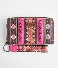 "Wrangler Southwestern Wristlet Wallet - Pink/Brown , Women's Hotpink Logo patch pieced canvas wallet Multiple interior compartments Measures 8"(L) x 1"(W) x 4 1/2"(H). Luggage & Bags"