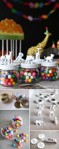 Substitute vegetables or fruits for the candy. circus party theme - paint small animal figures in party colors for table décor or favor toppers