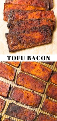 Tofu Bacon is a delicious, high protein alternative to meat! The tofu is thinly sliced, marinated and baked until crispy. It's smoky, crispy, chewy and full of flavor!