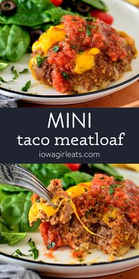 Switch up taco night with Mini Taco Meatloaf! This easy dinner recipe can be prepped ahead of time, and is fun for all ages. | iowagirleats.com keywords: cheesy taco meatloaf, ground beef recipes, ground beef recipes for dinner, ground beef recipes easy, gluten free ground beef recipe, gluten free dinner recipes