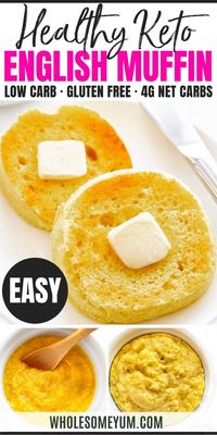 The BEST keto low carb English muffin recipe - soft & buttery inside, crusty on the outside. Just 5 ingredients + 2 minutes to make these paleo gluten-free English muffins! #wholesomeyum