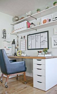 Shared home office ideas so you can learn how to work from home together. Our office decorating experts show you how to design a workspace for two. From desks to decor, create a working space in your home. For more home office ideas go to Domino.