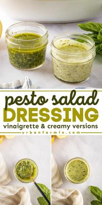 You'll love this basil pesto salad dressing! This salad dressing recipe is also great for pasta or even as a marinade. You can even turn this homemade condiment into a creamy pesto dressing or a pesto vinaigrette!