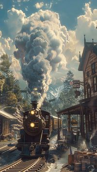 Majestic steamtrain ariving at train station in the golden era of railroad.  #illustration #steamtrain #railroad #pioneer #goldenera