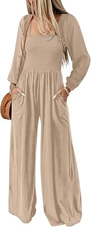 Dokotoo Women's Casual Loose Overalls Jumpsuits One Piece Long Sleeve Wide Leg Long Pant Rompers With Pockets