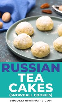 These Russian Tea Cakes are so easy to make and they are my absolute favorite Christmas cookie recipe! They’re made with pecans and then rolled in powdered sugar after baking for a light, tender cookie you’re sure to love. I always make a few batches of these Snowball Cookies for gifts around the holidays and everyone always loves them. #christmascookies #cookies #snowballcookies #russianteacakes #homemade #cookieexchange