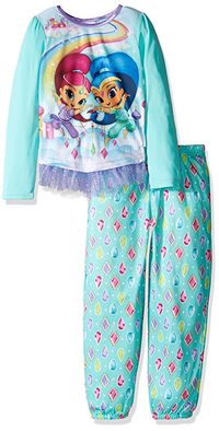 Get ready to shine in this adorable Shimmer and Shine girls pajama set! This two-piece set features your favorite little genies: Shimmer and Shine! With a taped collar, long sleeves, and double stitched hems, this set is perfect for any fan of Nickelodeon's Shimmer & Shine! This garment is flame resistant for your child's safety.