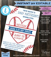 Baseball Baby Shower Invitation Baby Sprinkle Baby Boy Invite Homerun love Baseball heart Template Custom Printable INSTANT SelfEDITABLE 5x7 by UniqueDigitalDesigns on Etsy